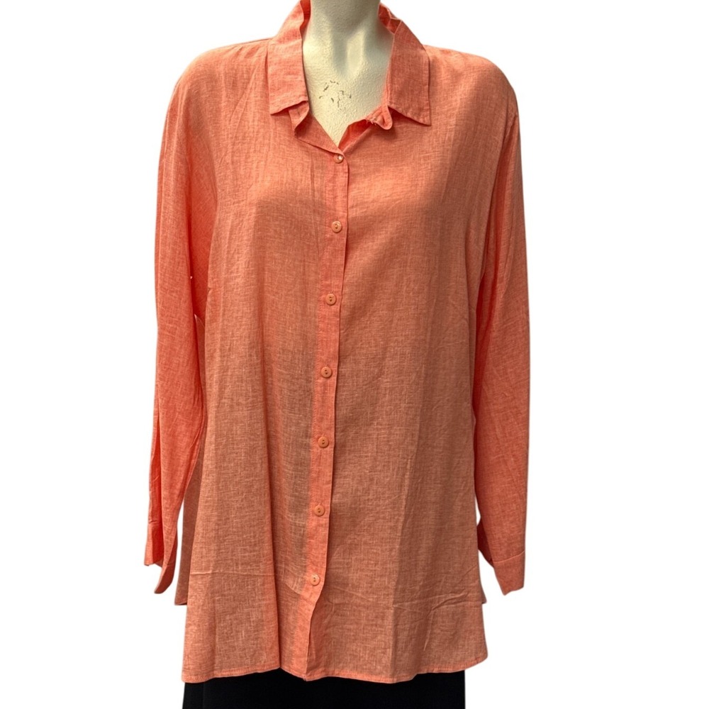 COCO CARMEN L/XL Orange Linen Blend Long Sleeve Button Up Shirt Top